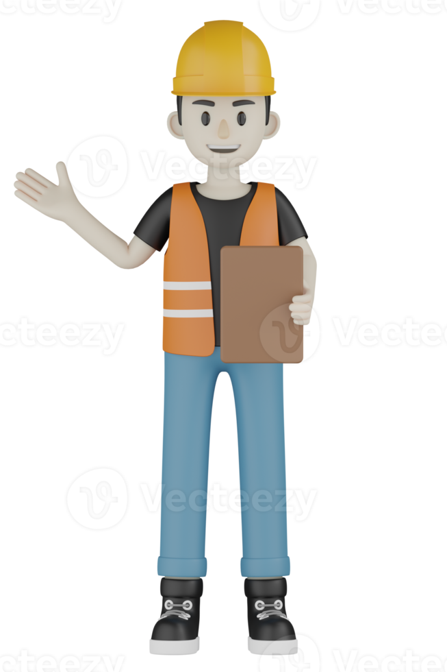 Travailleurs de terrain isolés 3d avec gilets orange et casques jaunes png