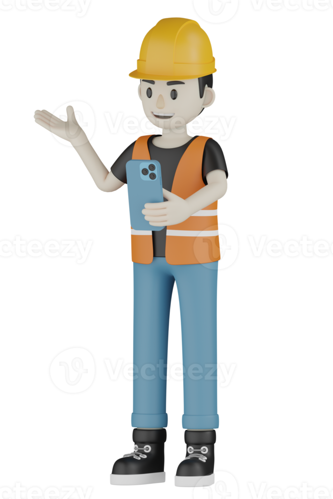 3d Isolated Field workers with orange vests and yellow helmets png
