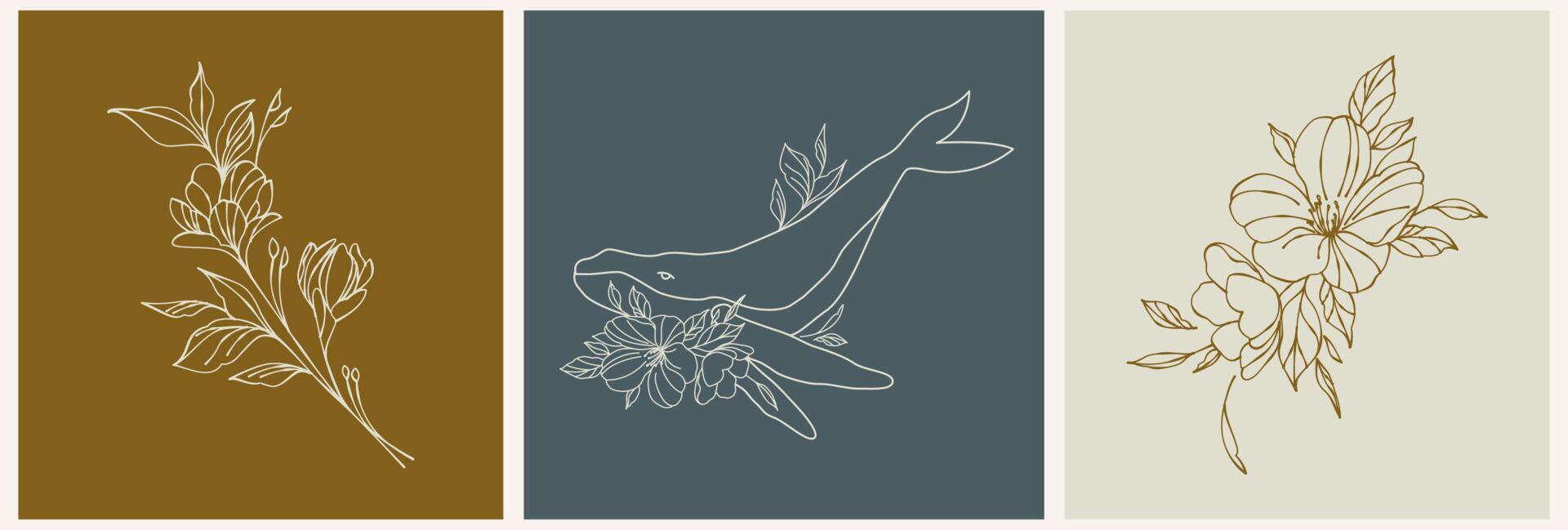 Logo template in linear style. Whale with flowers. Esoteric illustration in retro style vector