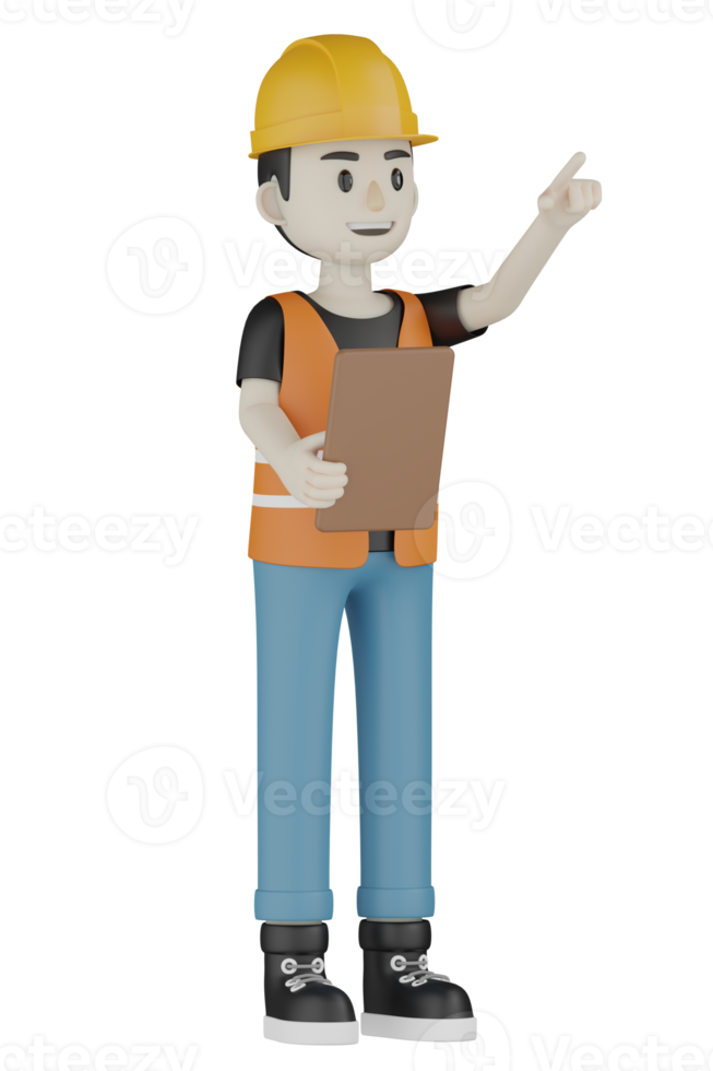 Travailleurs de terrain isolés 3d avec gilets orange et casques jaunes png