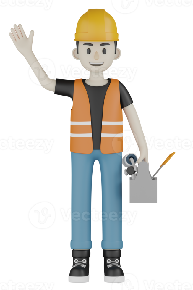 Travailleurs de terrain isolés 3d avec gilets orange et casques jaunes png