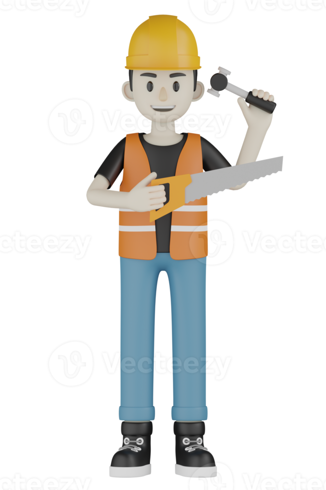 Travailleurs de terrain isolés 3d avec gilets orange et casques jaunes png