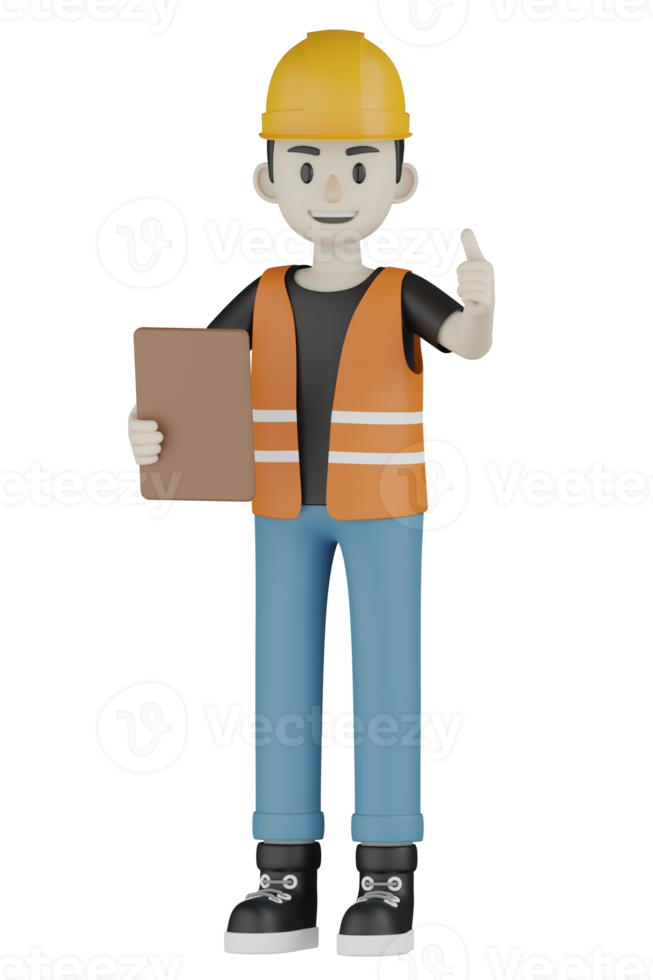 3d isolierte Außendienstmitarbeiter mit orangefarbenen Westen und gelben Helmen png