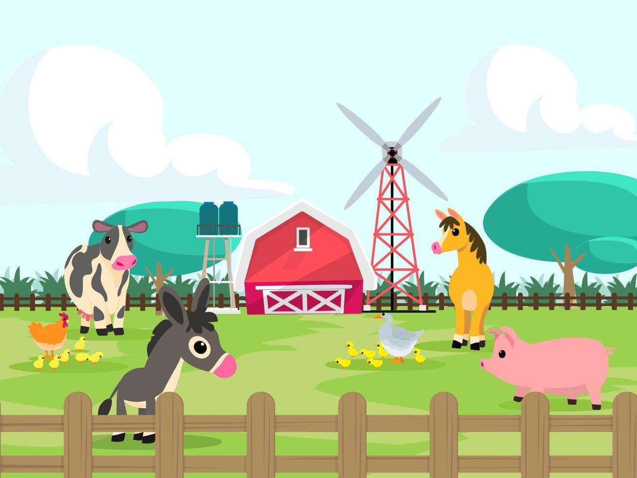 lindos animales en rancho, granja y agricultura. ilustraciones de la vida del pueblo y el diseño de objetos para banner, diseño, informe anual, web, volante, folleto, anuncio. vector