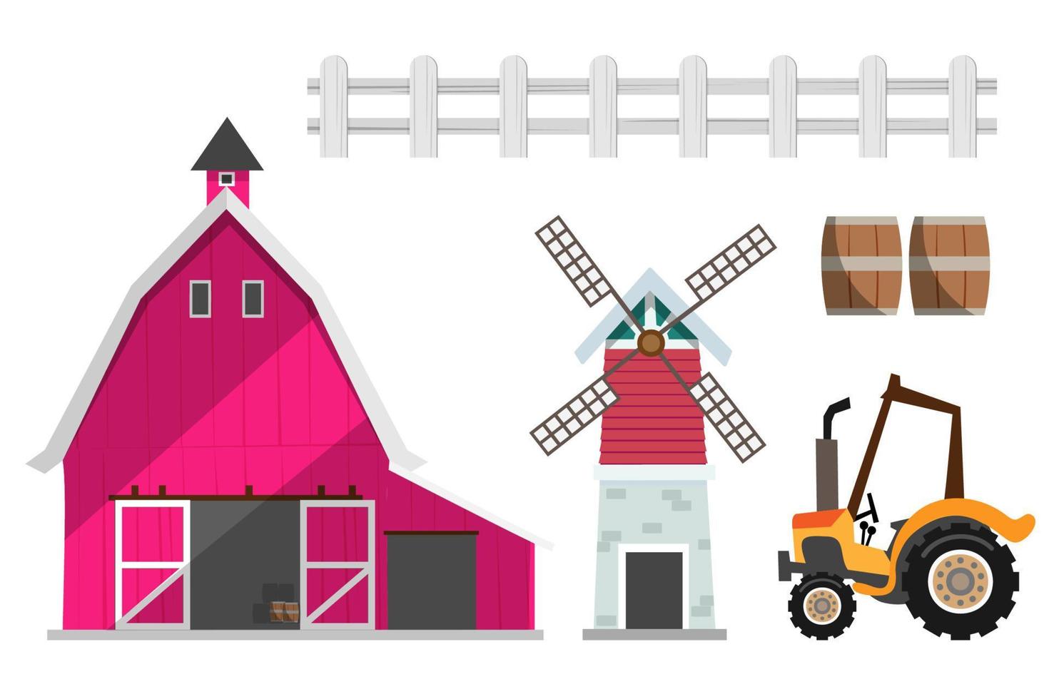 conjunto de elementos de la granja. ilustraciones aisladas de agricultura. edificios de granero, turbinas eólicas, vehículo, tractor, barril, fench. vector