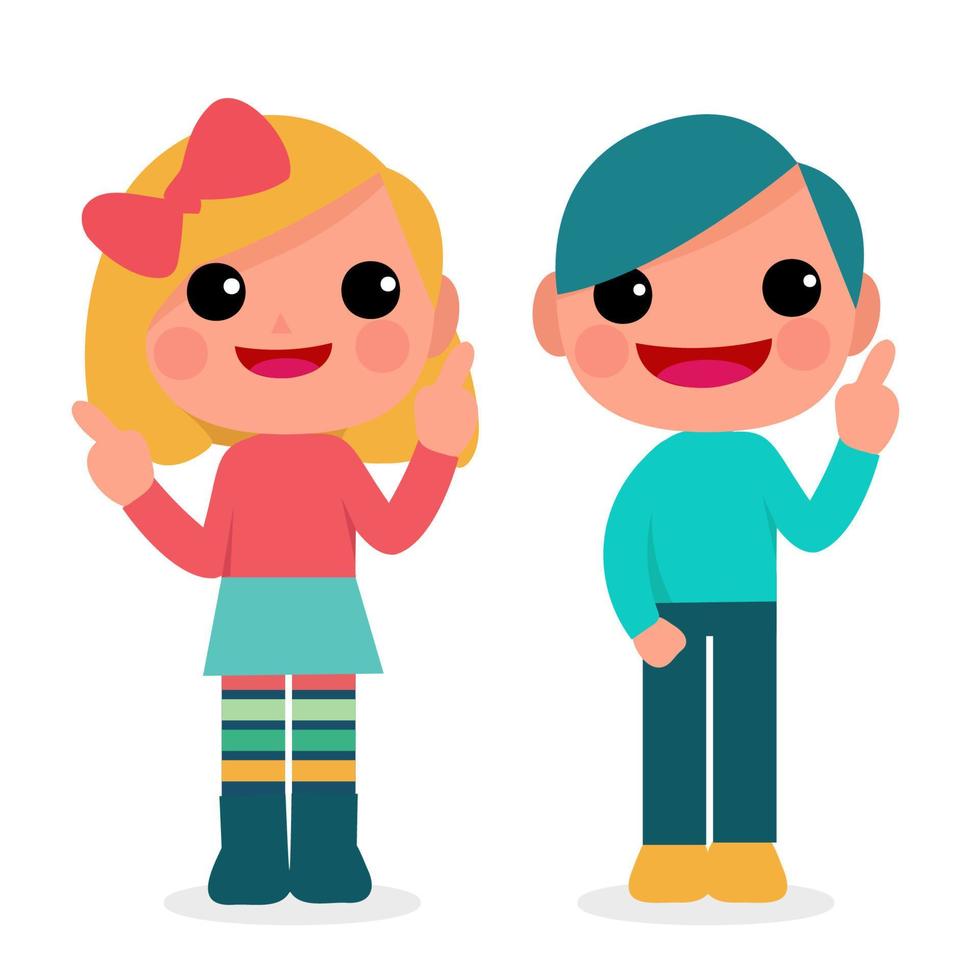 niños felices niño y niña divertido diseño de personajes de dibujos animados. diseño para banner, diseño, informe anual, web, volante, folleto, anuncio. vector