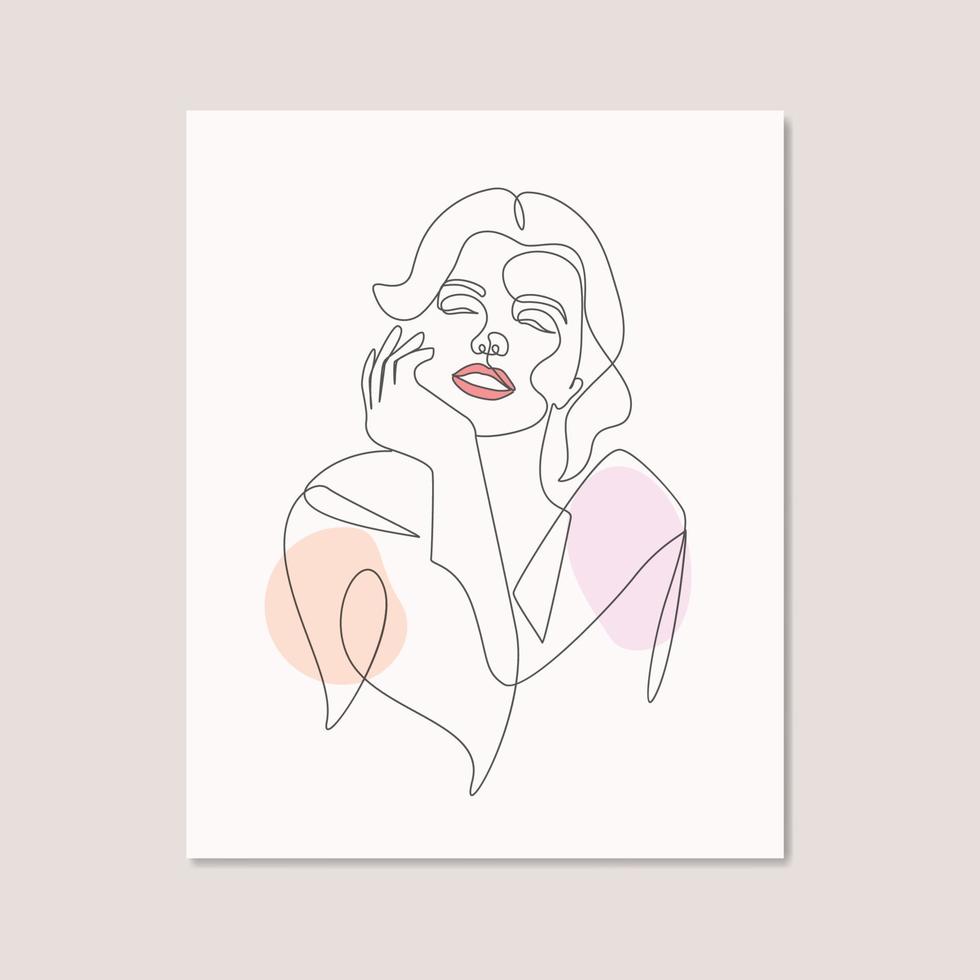 Beauty woman smiling hands close to the girls smiling face one line art drawing poster design vector