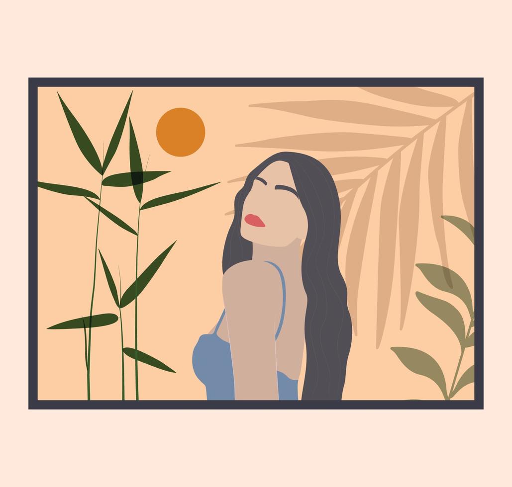 retrato minimalista abstracto de una mujer con hojas de bambú natural sol y luz de la luna ilustración de póster de arte de pared femenino vector
