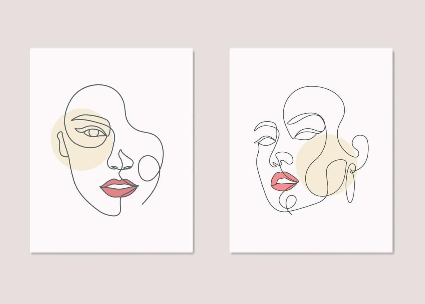 Beauty face woman abstract fashion girl one line art poster set vector