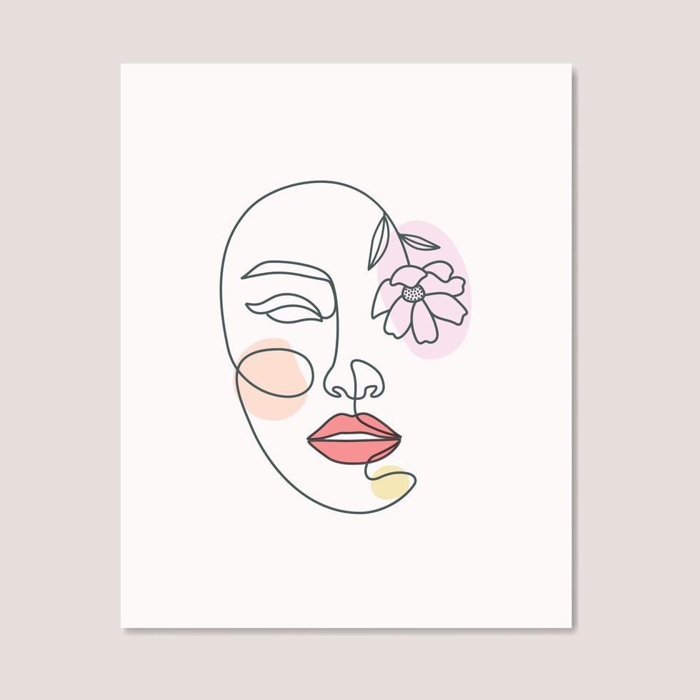 belleza cara mujer niña con flor línea orgánica arte femenino diseño de logotipo vector