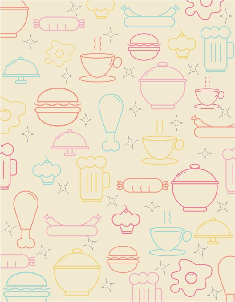 línea pastel de alimentos y bebidas ilustración vectorial. fondo de estilo de boceto de alimentos y bebidas. vector
