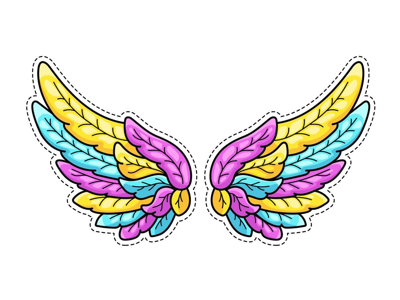 Magic wings sticker in 80s-90s youth pop art comics style. Wide spread angel wings. Retro fashionable patch element inspired by old cartoons. Vector illustration isolated on white.