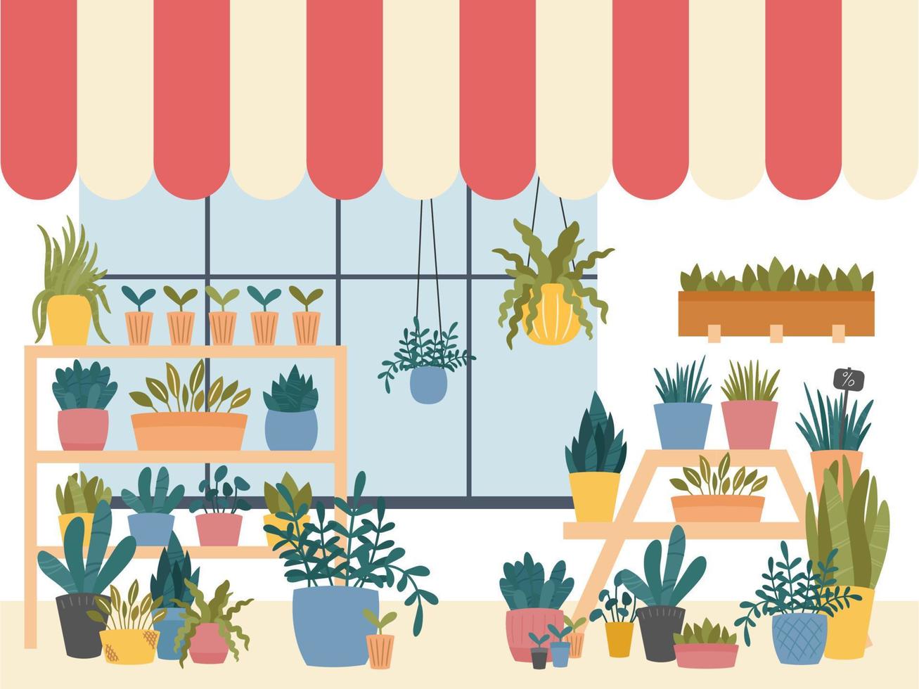 Flower shop interior with various indoor plants in pots, planters and boxes,standing on shelves and stands, with window striped shed.Cute Scandinavian Hygge style.Vector illustration, dark background vector