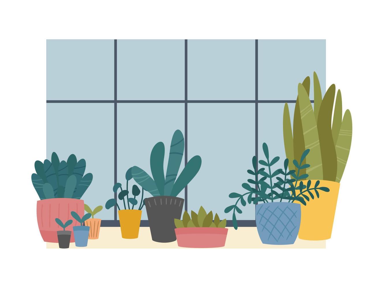 Indoor home plants in pots composition standing on windowsill. Window sill with potted flowers, succulents and sprouts. Vector illustration, flat cartoon Scandinavian style