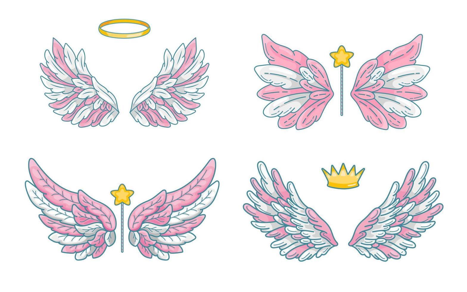 Collection of angel wings in cute little princess style, pink and white palette. Magic accessories - wand, crown and halo. Vector illustration isolated on white.