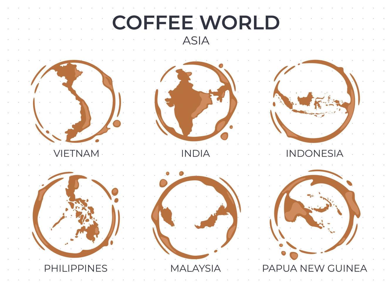 Collection of coffee cup round stains shaped like a coffee origin countries, producers and exporters from Asia vector