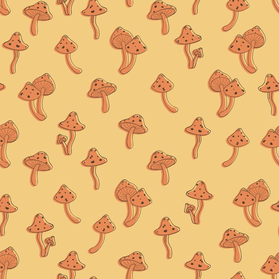 Autumn seamless pattern with toadstool, amanita, fly- agaric mushroom contours and silhouettes. vector