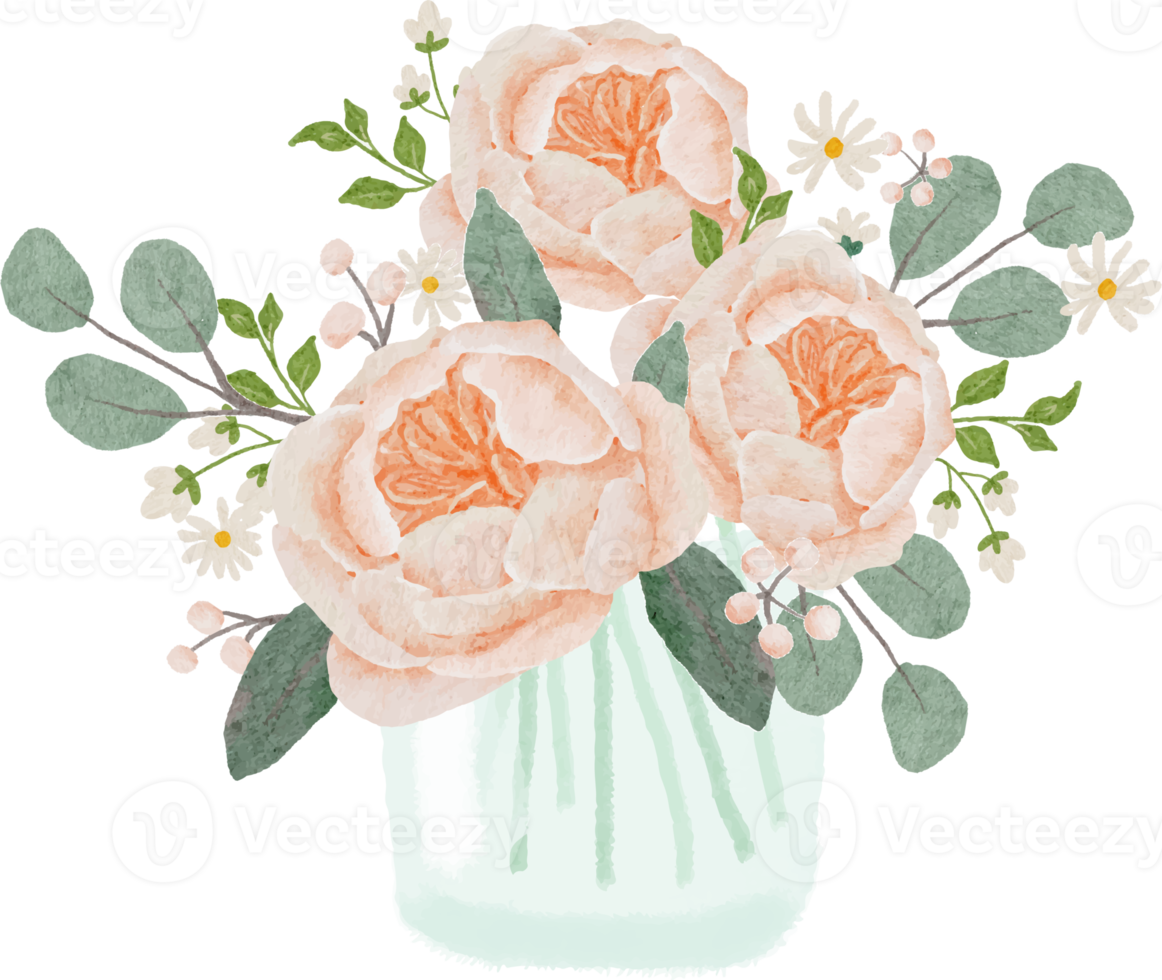 watercolor orange peach blooming rose bouquet arrangement in glass clipart png