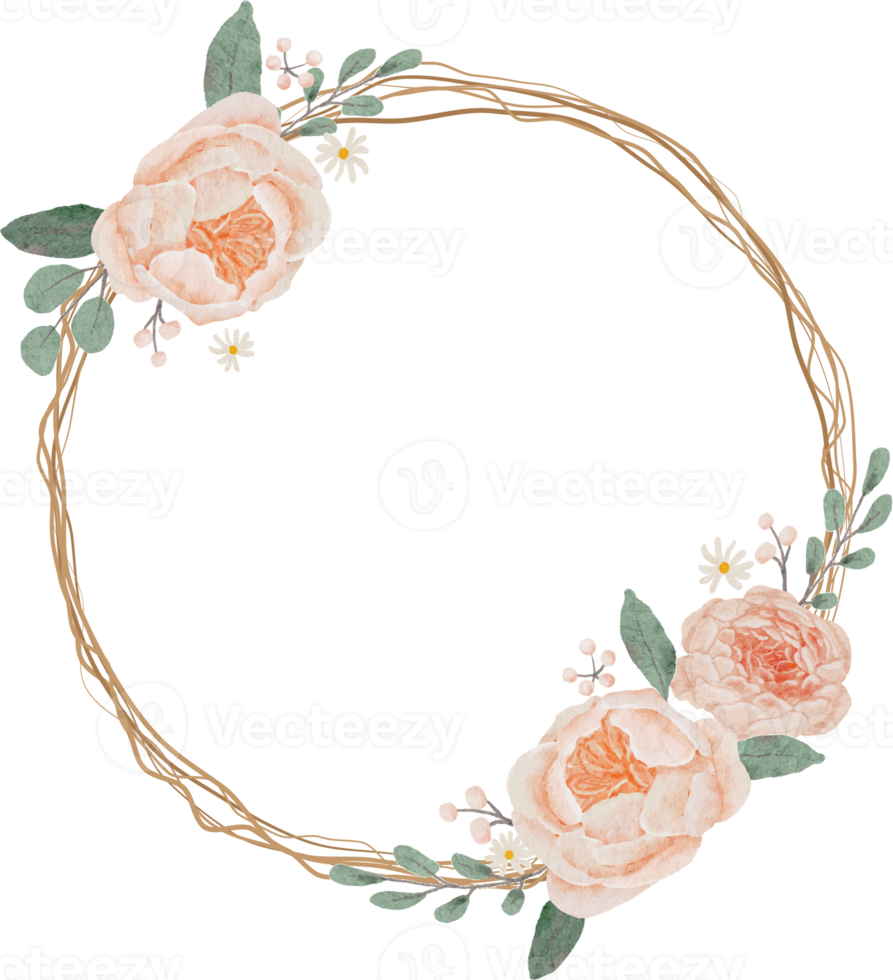 watercolor blooming english orange peach rose branch with dry twig flower bouquet wreath round frame png