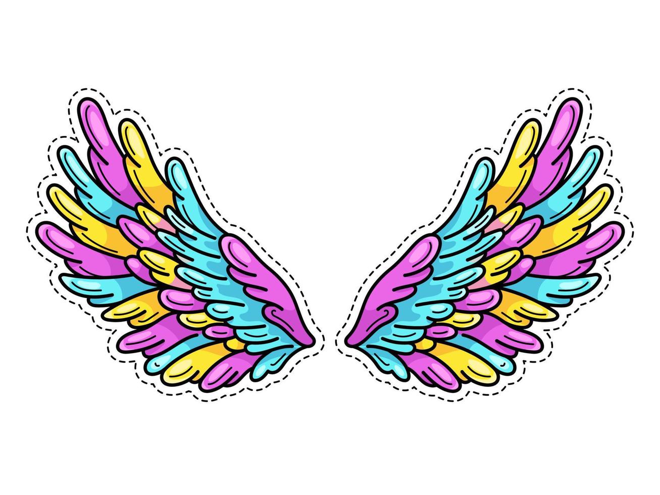 Magic wings sticker in 80s-90s youth pop art comics style. Wide spread angel wings. Retro fashionable patch element inspired by old cartoons. Vector illustration isolated on white.