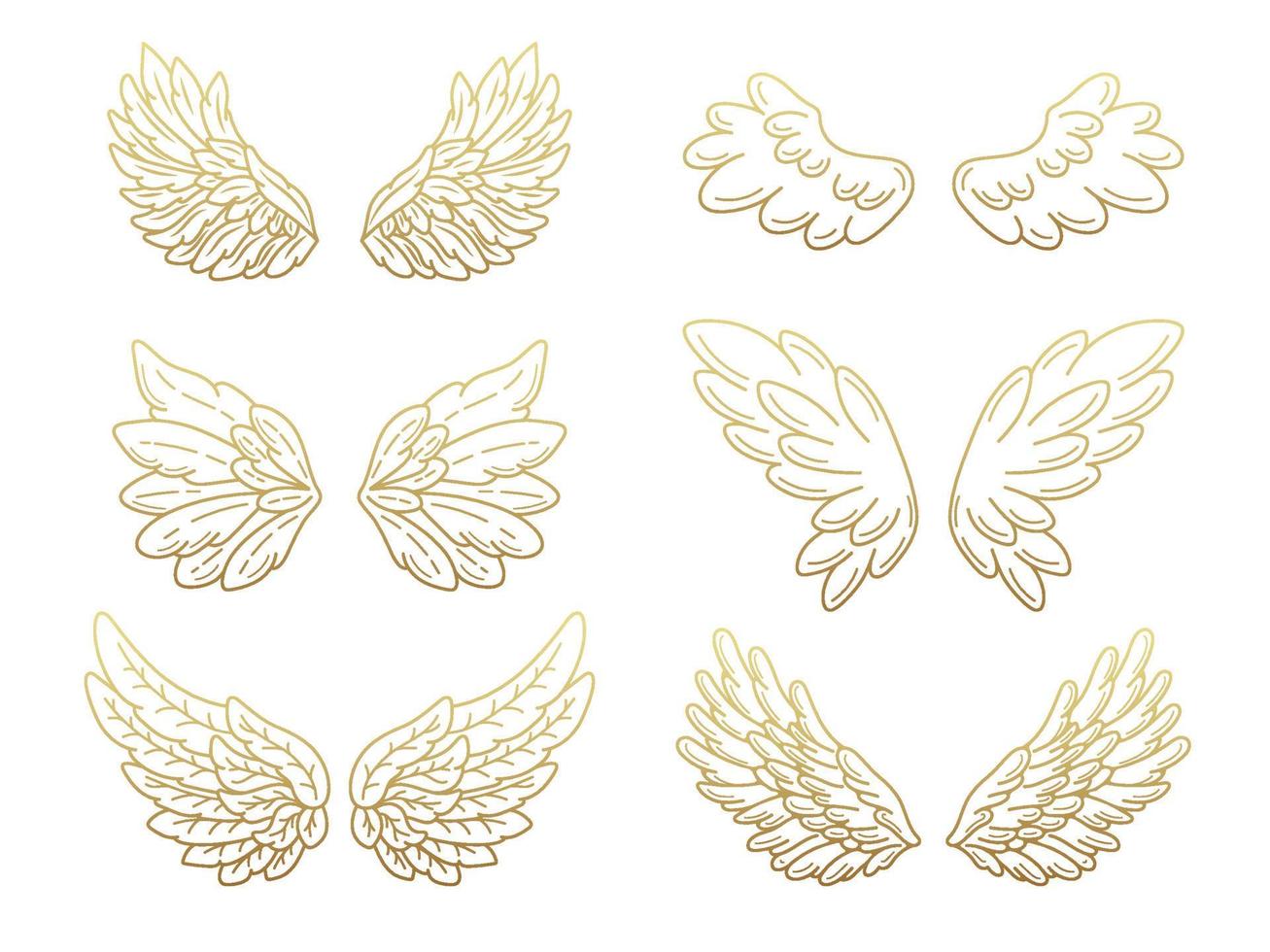 Collection of angel wings, wide open with golden metallic effect. Contour drawing in modern flat line style. Vector illustration, isolated on white.