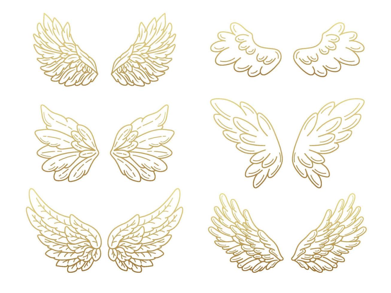 colección de alas de ángel, abiertas de par en par con efecto dorado metalizado. dibujo de contorno en estilo moderno de línea plana. ilustración vectorial, aislado en blanco. vector