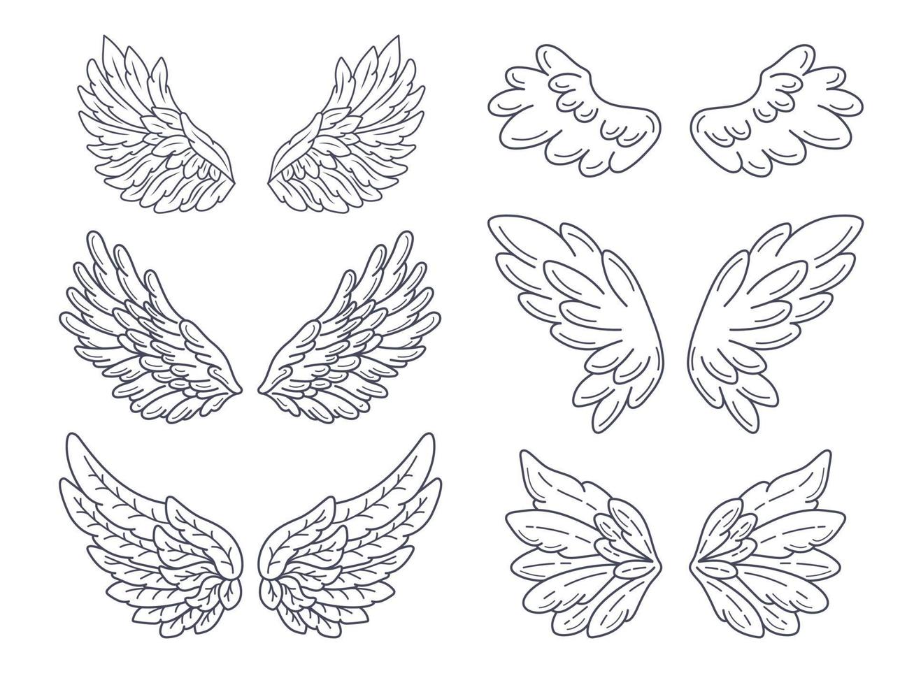 Collection of angel wings, wide spread. Contour drawing in modern line style. Vector illustration isolated on white.