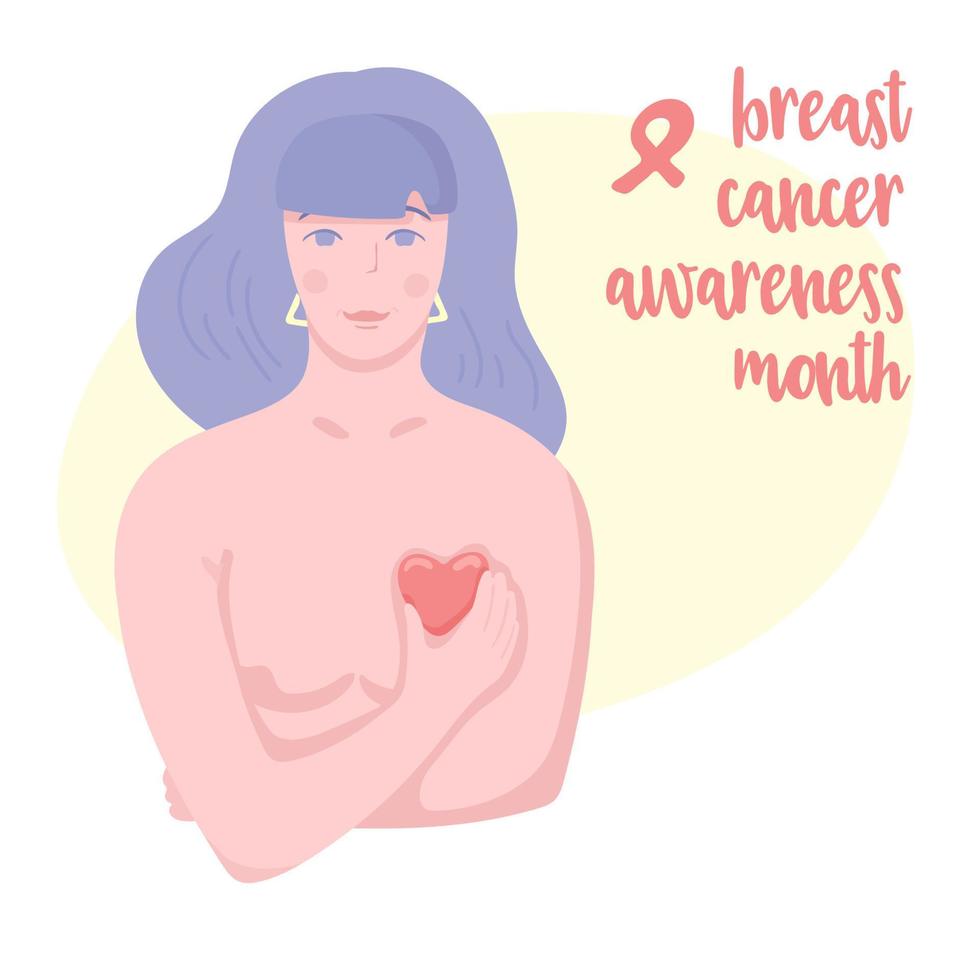 Young caucasian woman half naked holds pink heart on her chest. vector