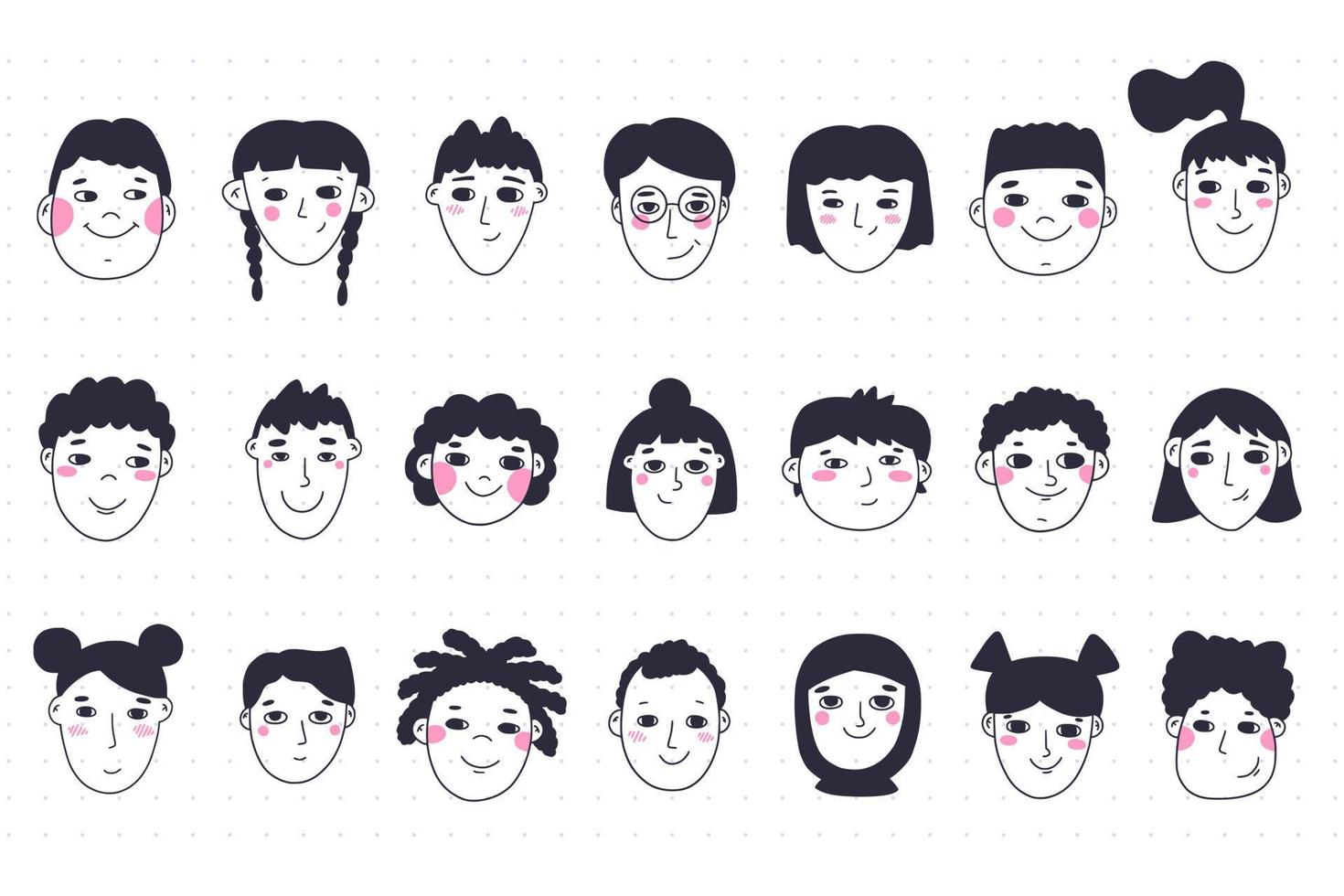 Children portraits, hand drawn cute style. Social media profile icon, kids heads avatars. Children of various nationalities, religion, race and appearance.  Vector illustration