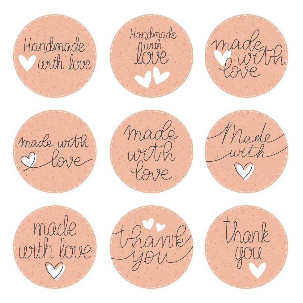 Made with love, thank you hand drawn labels. Lettering with heart symbol. vector