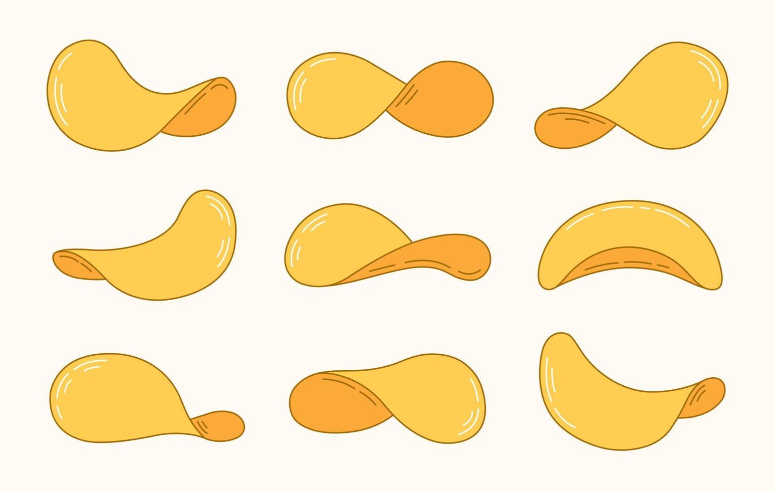 Collection of crispy potato chips. Hand drawn flat chips isolated on white background. vector