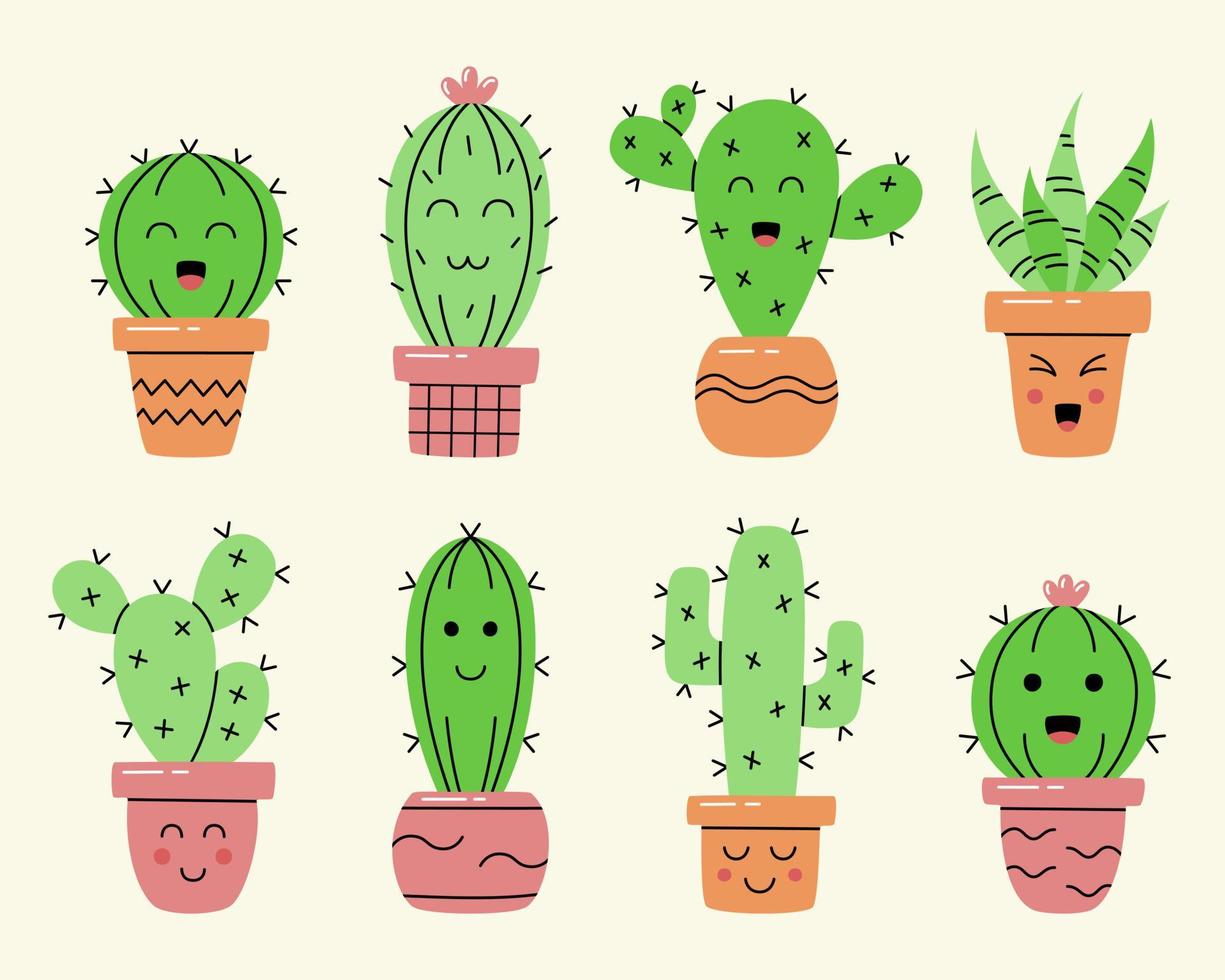 Collection of cute cartoon cactus and succulent. Hand drawn cacti with smile faces. vector