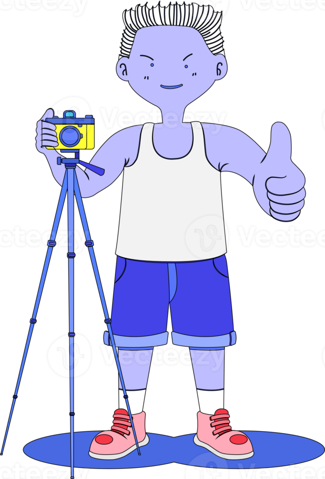 a white hair man wear vest and short jeans red shoe showing a good pose signal hands for ready to take a shot photo and stand in front of a camera on tripod. photographer style. png