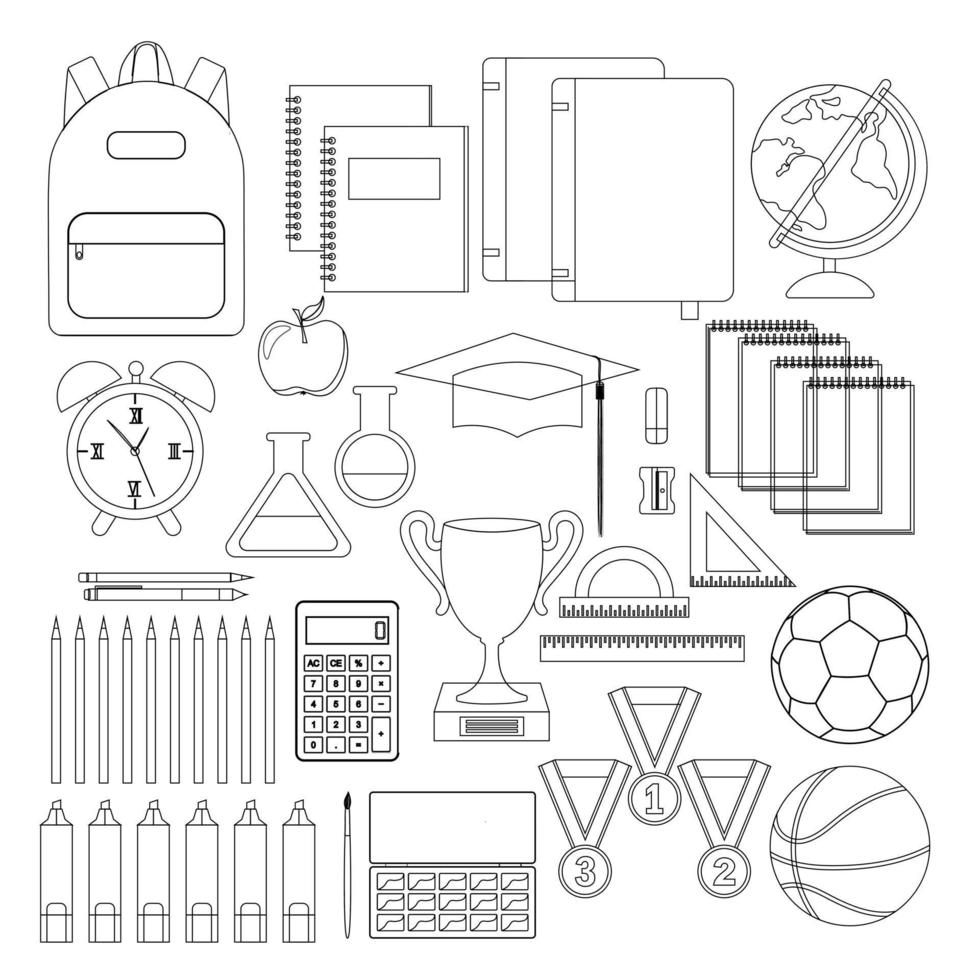 conjunto de cosas escolares, contorno blanco y negro. ilustración vectorial vector