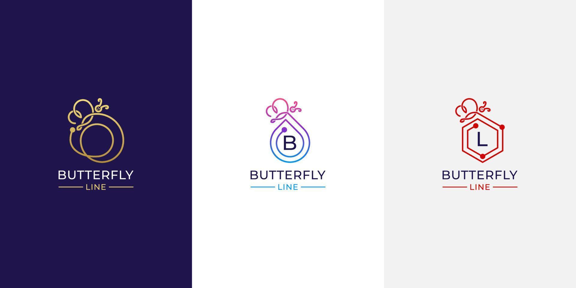 Butterfly frame logo with letter b l and line art style vector