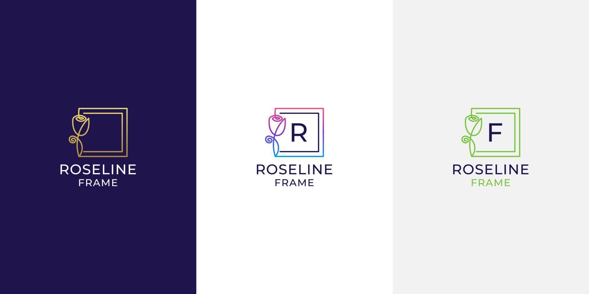 Rose frame logo with letter r f and line art style vector