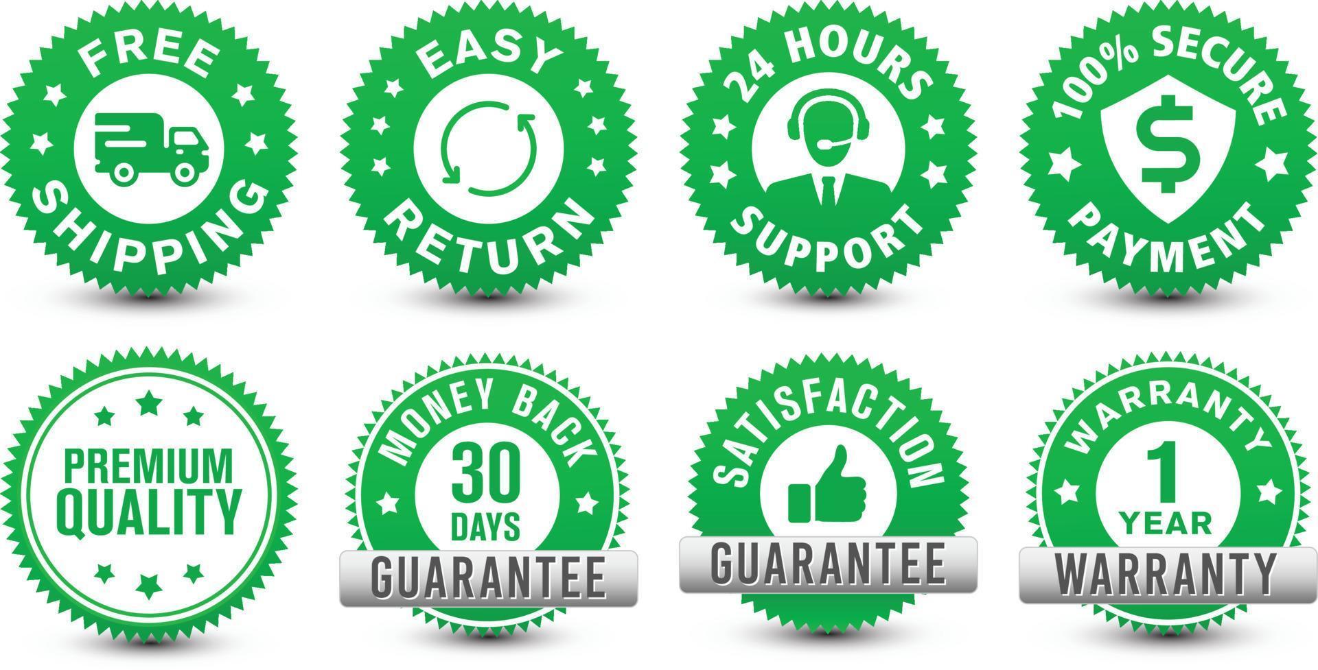 Money back, warranty, 24 hour support, etc. different type of online ecommerce security green badges isolated on white background. vector