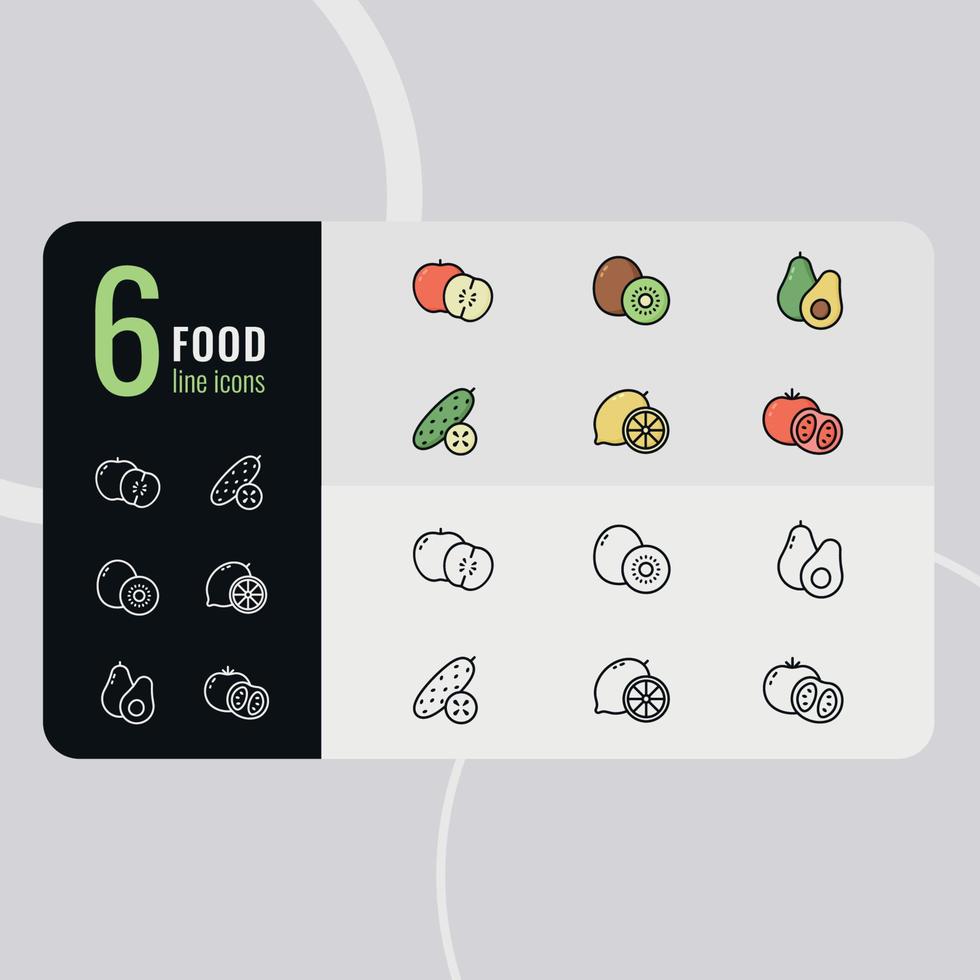 Set of fruits and vegetables line icon. symbol template for graphic and web design collection logo vector illustration. Apple, kiwi, lemon, avocado, tomato, cucumber. Colored, black white