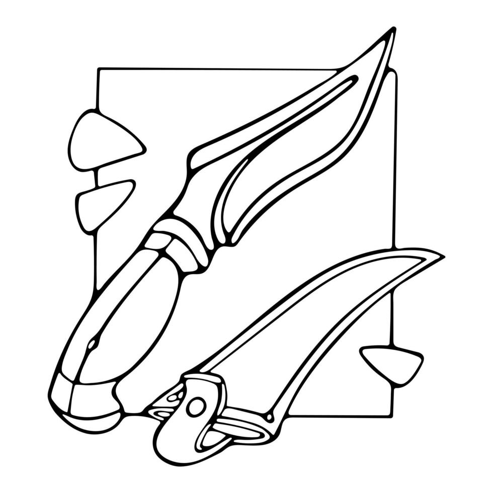 Ilustración de vector de garabato dibujado a mano de contorno de cuchillo de caza de camping. diseño de página para colorear