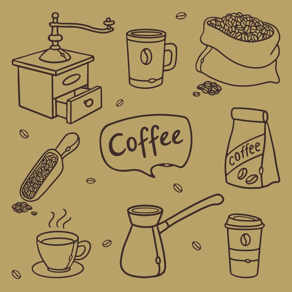 Set of coffee outline hand-drawn doodle Vector illustrations. Utensils, equipment and tools for various kinds of brewing coffee. Linear Grinder mill, Coffee maker, cup and mug, sack with coffee beans