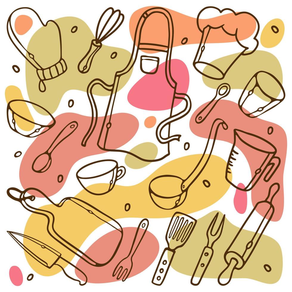 conjunto de garabatos de esquema de herramientas de cocina. patrón de utensilios de cocina sobre fondo de puntos redondeados de colores para tela, papel pintado, menú de diseño.ilustración vectorial vector