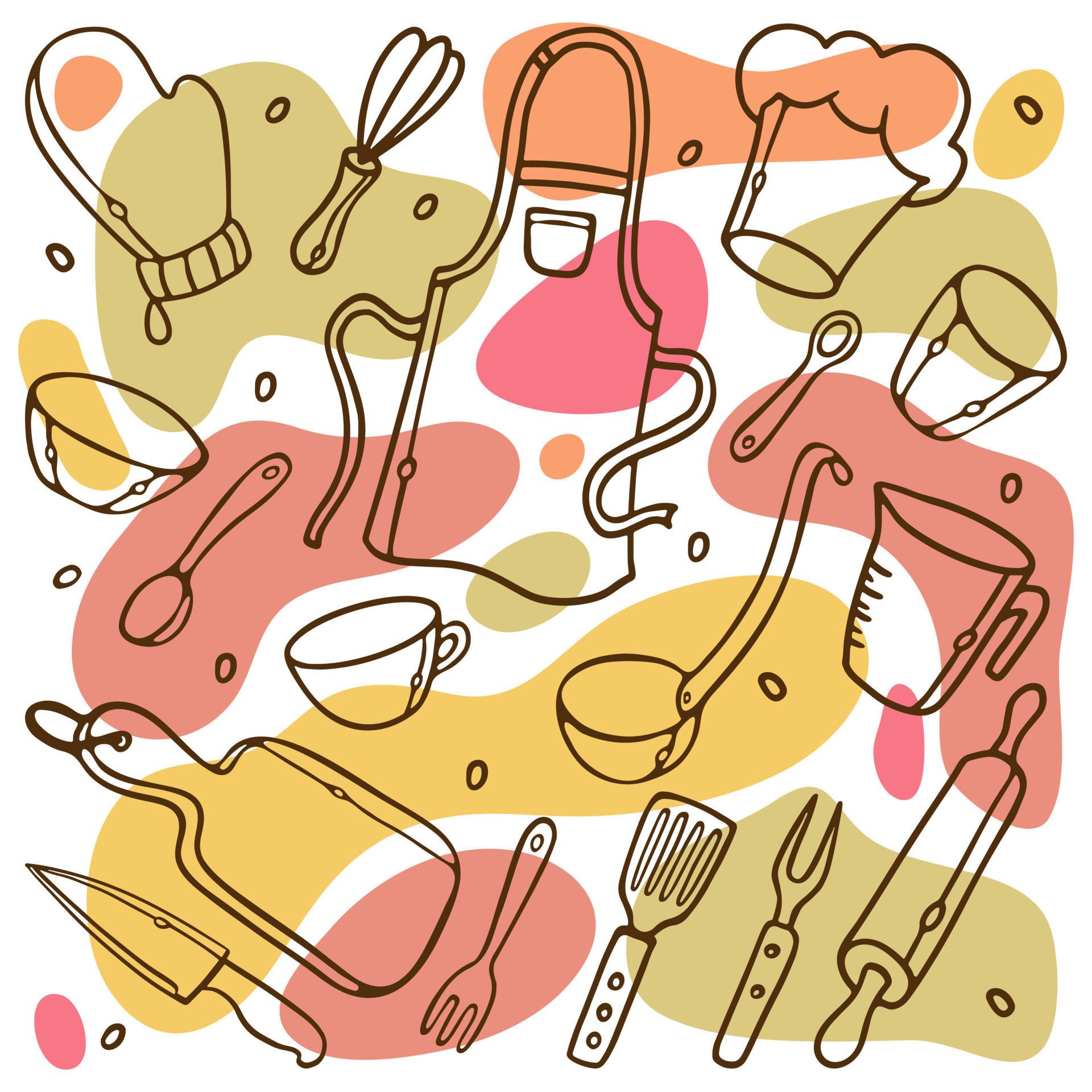 Kitchen tools outline doodle Set. Kitchen utensils Pattern on colored  rounded spots background for fabric, wallpaper, design   Illustration 10224981 Vector Art at Vecteezy