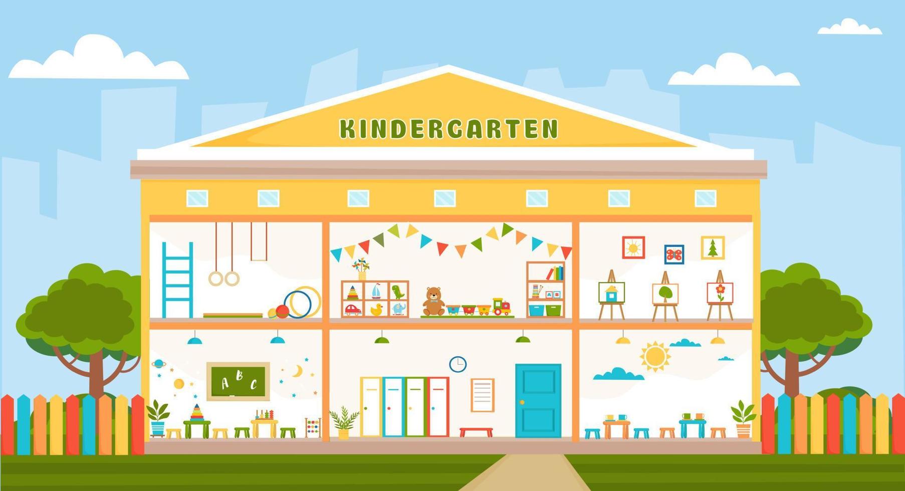 Kindergarten building interior and exterior. Classroom, dining room, playroom, gym, hall. Preschool building front view on landscape background. Nursery school. Vector illustration in flat style.