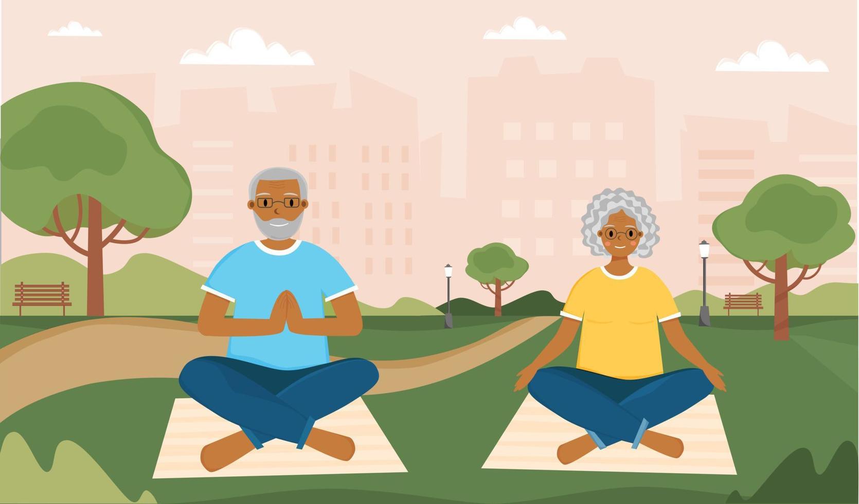 personas mayores estadounidenses practicando yoga y meditación en el parque de la ciudad. entrenamiento de jubilados en el parque de la ciudad, yoga para personas mayores. concepto de estilo de vida activo y saludable para personas mayores. vector