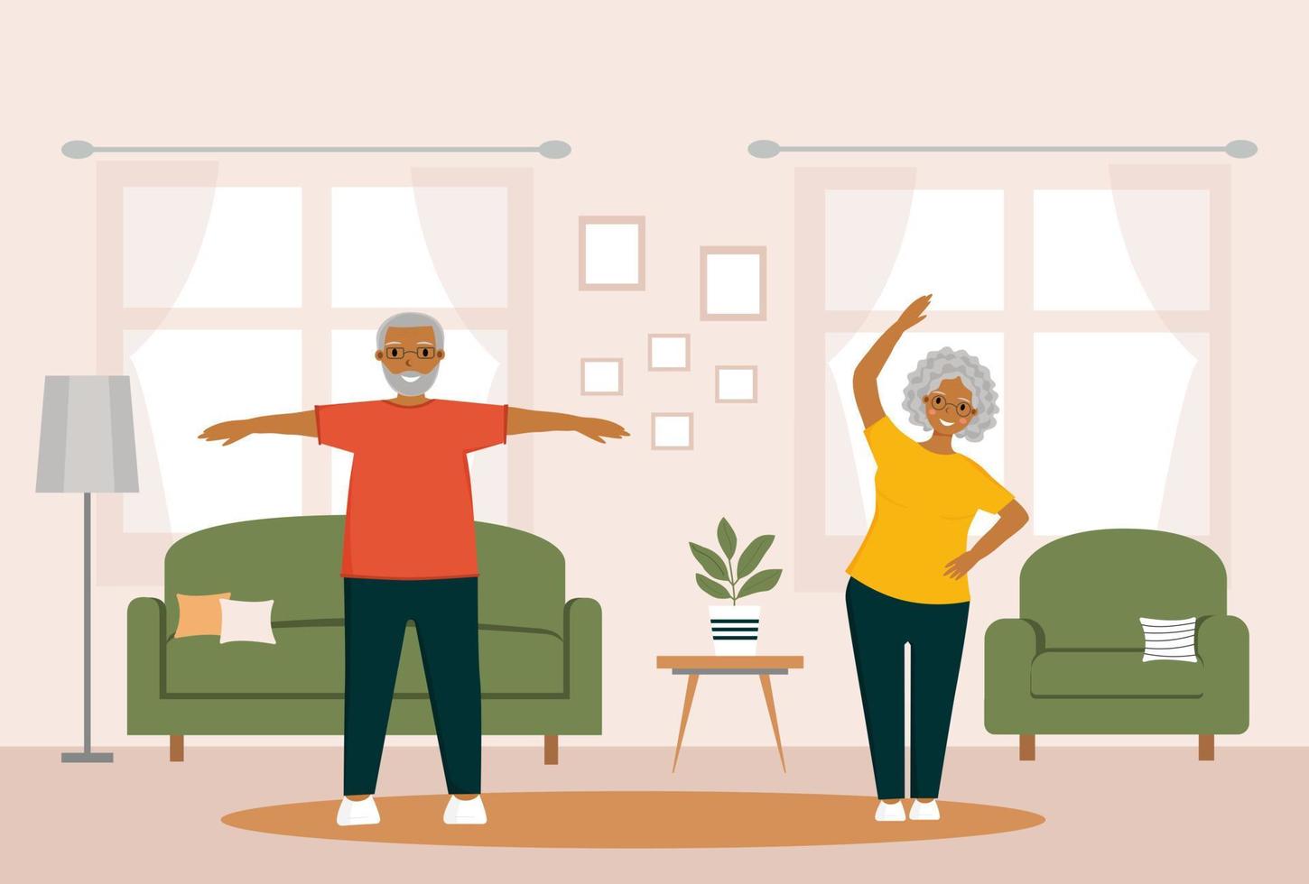 Senior afro american people do gymnastics at home. Elderly couple. Grandparents doing exercises. Sport at home. Morning exercises.Old black american people doing exercises. vector