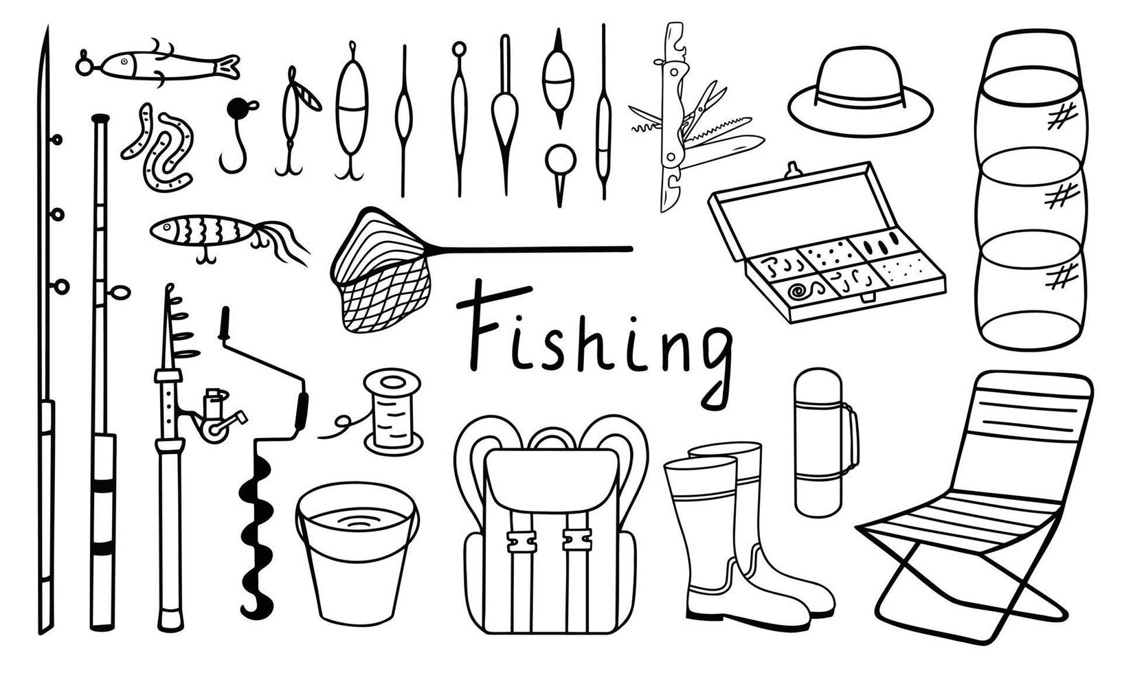 conjunto de pesca ilustración para impresión, fondos, cubiertas, empaques, tarjetas de felicitación, carteles, pegatinas, textiles y diseño de temporada. aislado sobre fondo blanco. vector