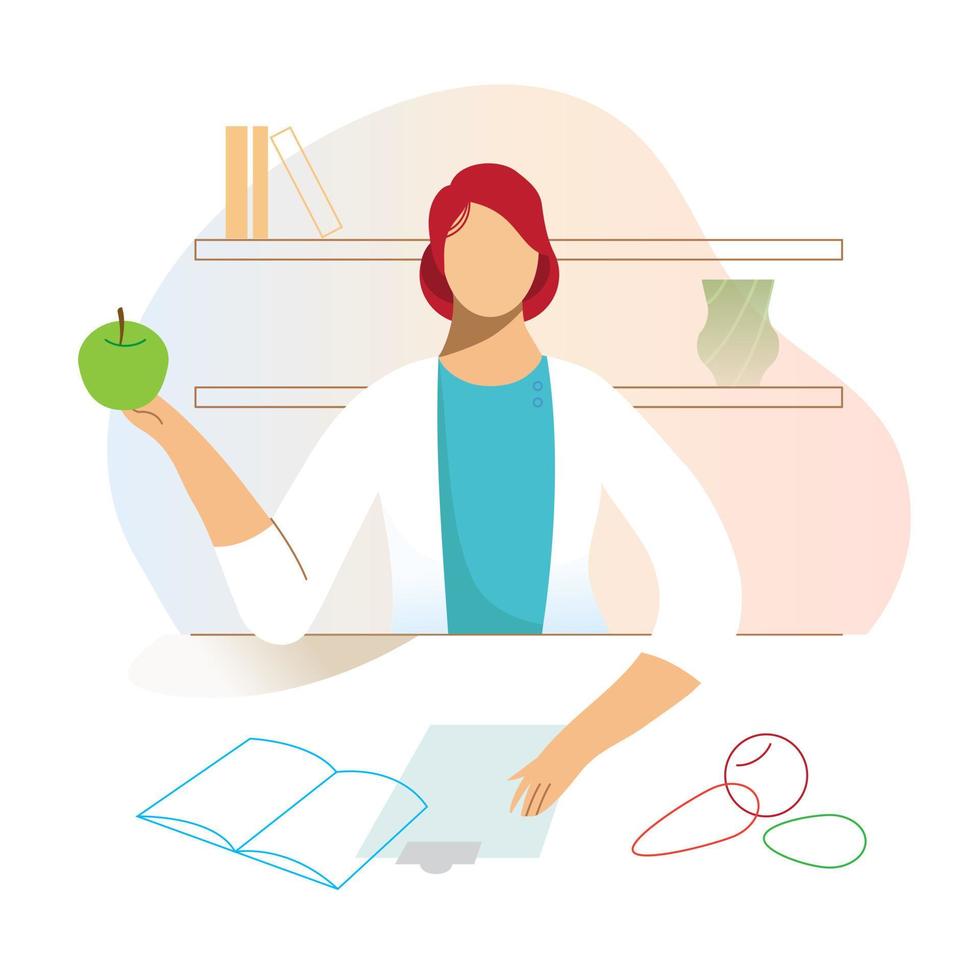 Nutritionist, dietitian woman at the office, hold apple in the hand. Vector flat illustration