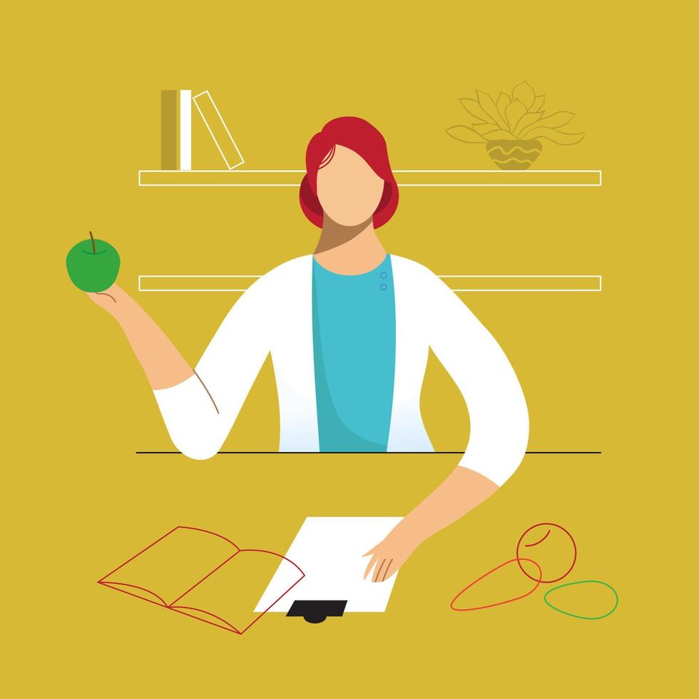 nutricionista, mujer dietista en la oficina, sostenga la manzana en la mano. ilustración plana vectorial vector