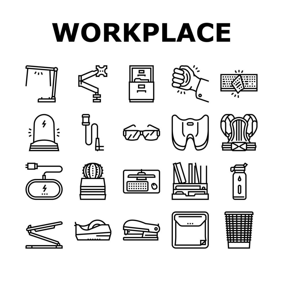 conjunto de iconos de herramientas y accesorios de lugar de trabajo vector