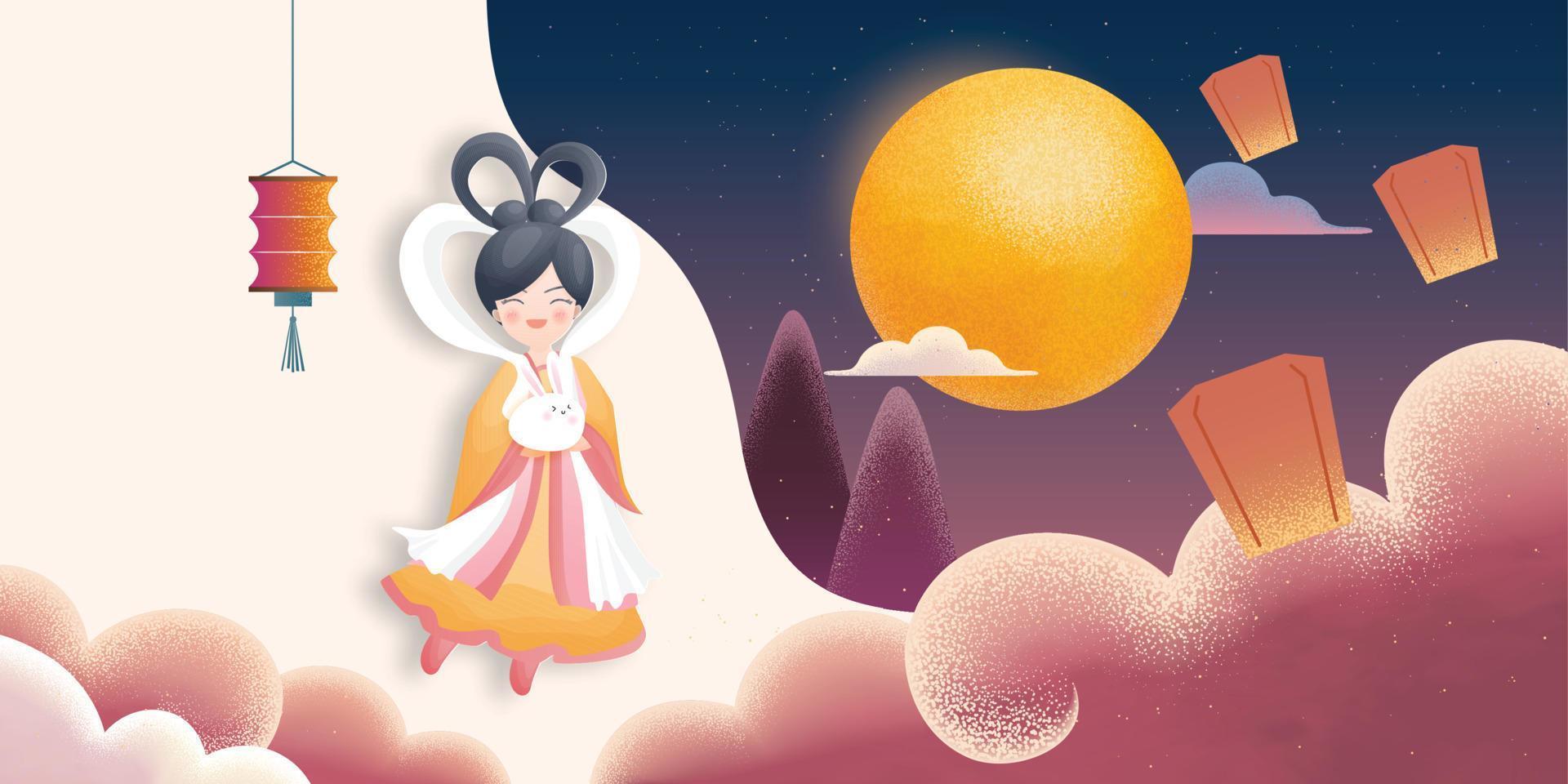 Happy mid autumn festival with beautiful lotus and girl holding bunny vector